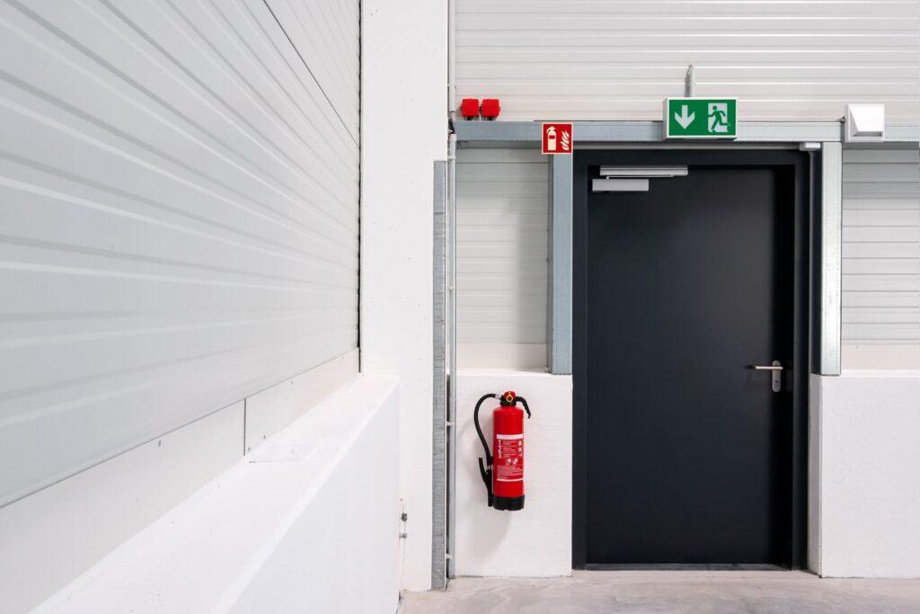 Brandschutztür in einem Industriegebäude mit deutlich sichtbaren Brandschutzzeichen, Feuerlöscher und Fluchtwegkennzeichnung zur Gewährleistung der Sicherheit im Notfall.