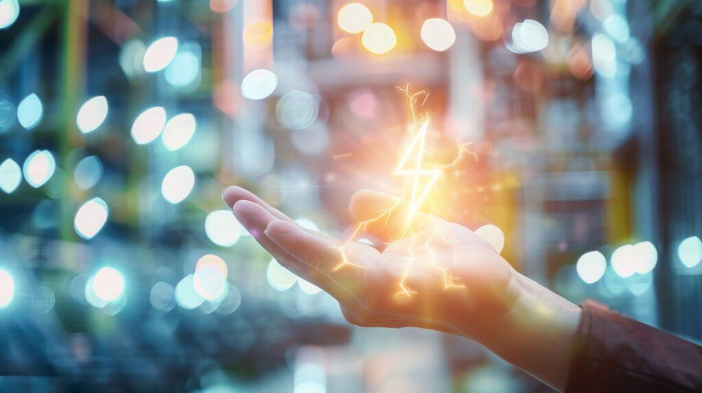 Hand, die ein Energiesymbol hält, symbolisiert Energieeinsparung und Effizienzsteigerung durch moderne Technologien in der Industrie.