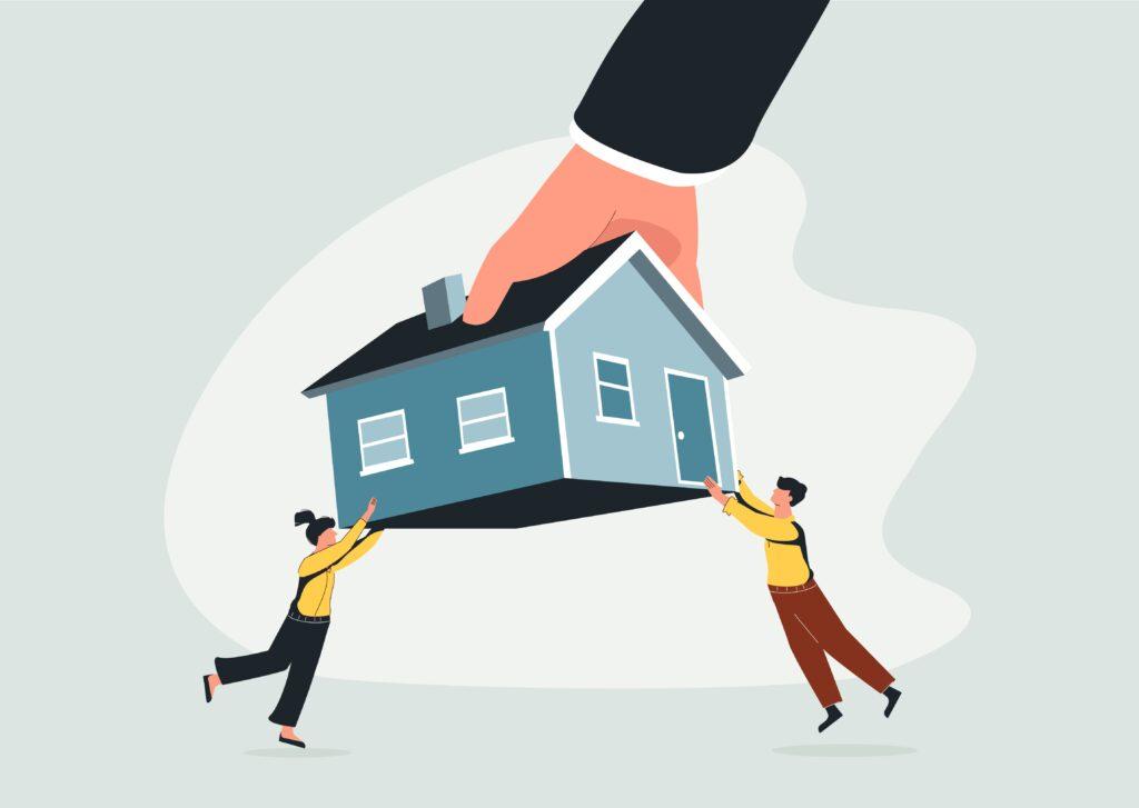 Illustration: Hand hält ein Haus, während zwei Personen es festhalten. Symbolisiert die Bewertung und den Schutz von Immobilienwerten in einem Mustergutachten