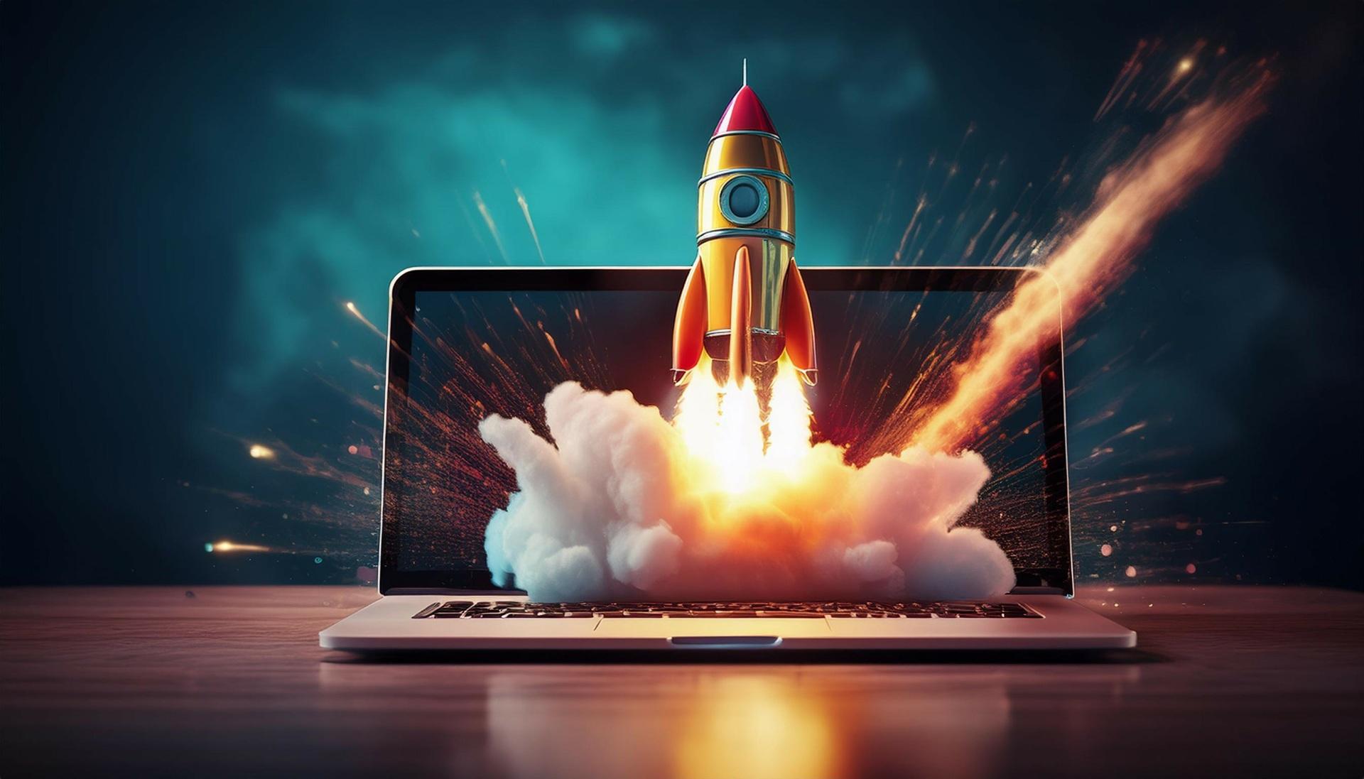 Raketenstart aus Laptop | Messestand

