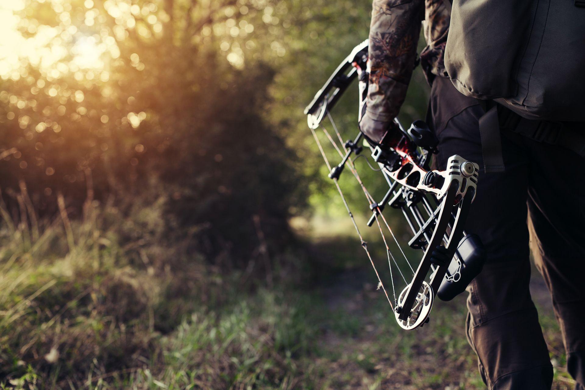 Person mit Compoundbogen auf Waldweg bei Sonnenuntergang – symbolisiert Technik und Praxisnähe im Bogensport