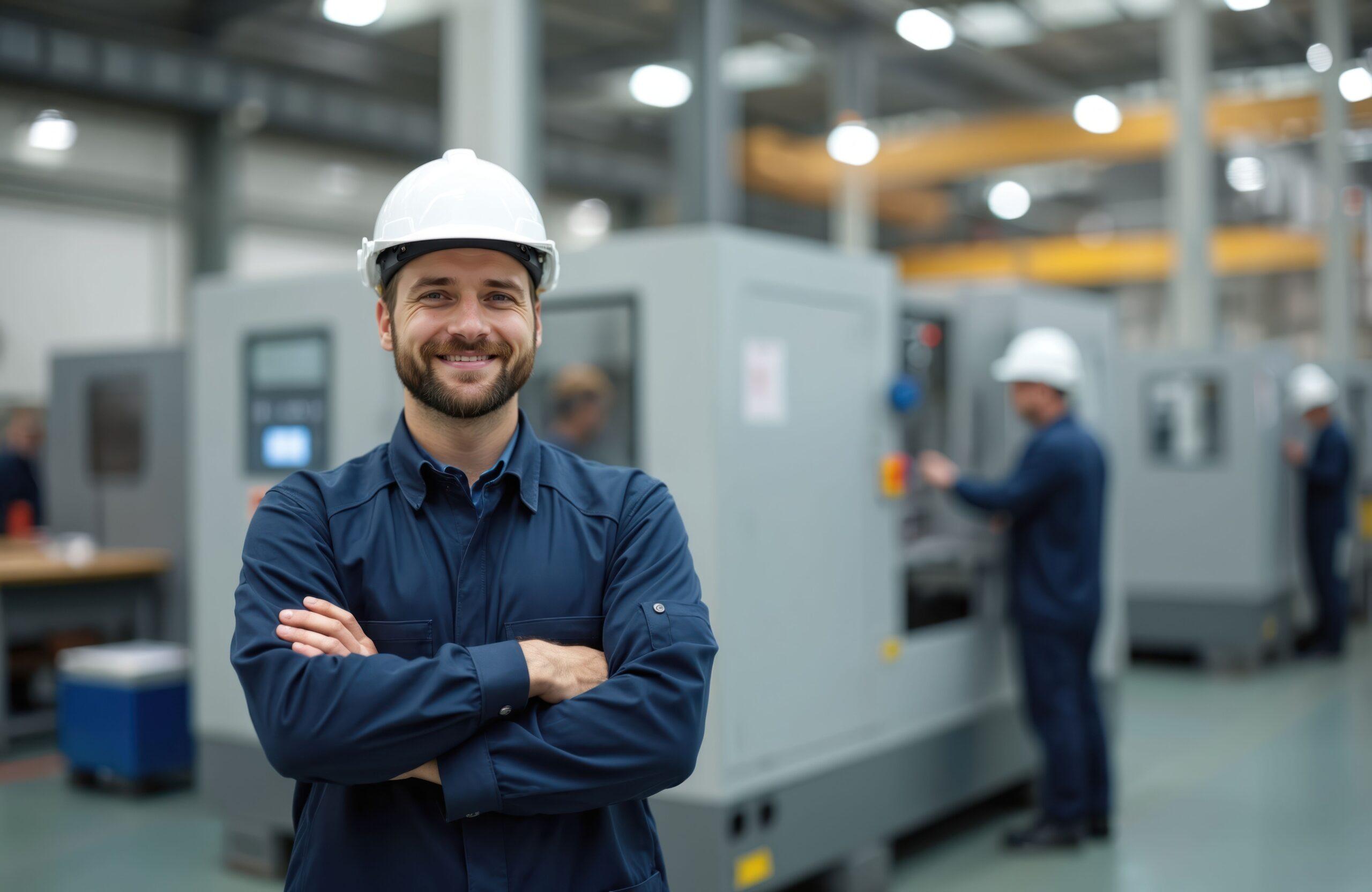 Zufriedener Produktionsleiter vor moderner Anlage