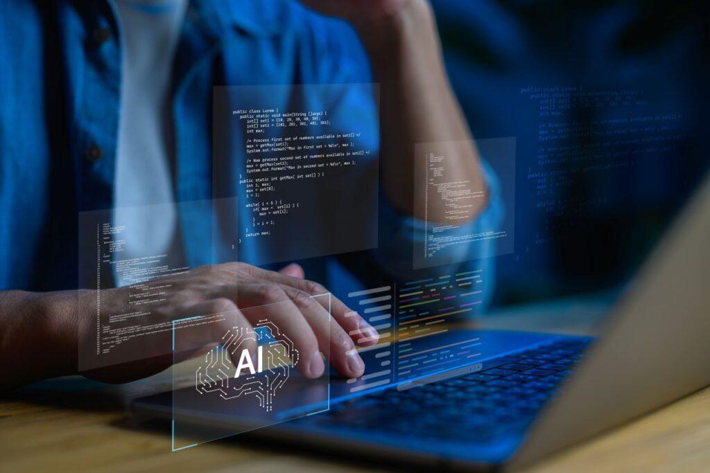 Ein Entwickler arbeitet am Laptop mit visuellen AI Symbolen, um KI Loesungen fuer moderne Business Prozesse zu programmieren.