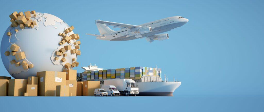 Globale Logistik mit Flugzeug Schiff und Lkw zeigt effiziente Transportloesungen und den Einsatz von Textilumreifungsband fuer sichere Fracht