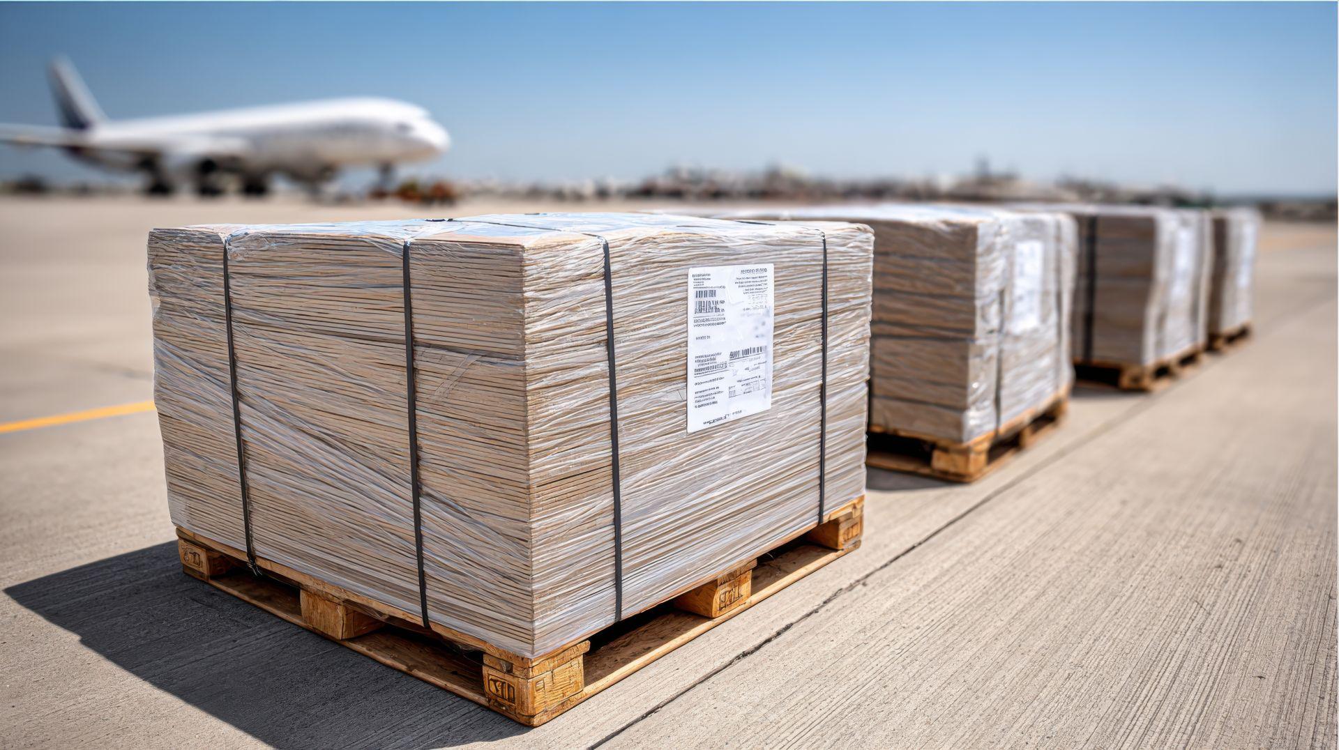 Industrielle Paletten mit Textilumreifungsband auf Rollfeld vor Frachtflugzeug als Symbol fuer sichere Transportverpackung und effiziente Logistik